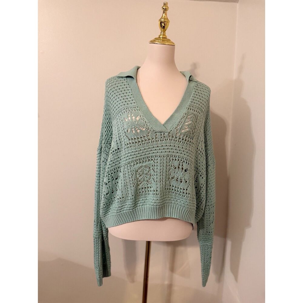Elan Seafoam Green Crochet Open Knit Collared Sweater Top Large